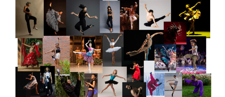A colorful collage of the 2024 25 to Watch, dancers from a breadth of dance styles.