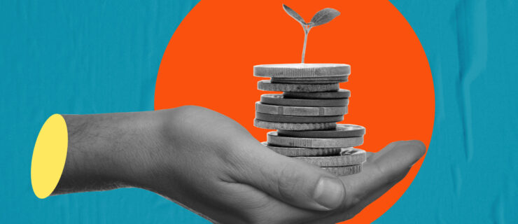 Art collage, hand with coins on a blue, wet paper background. Concept of finance and economics.