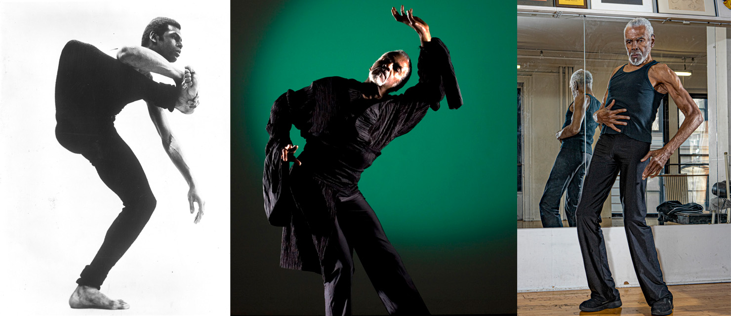 A triptych of images of Gus Solomons jr. In a black and white image, he is young, pulling a long, bent leg toward his face as he gazes past it. In the center, against a green backdrop, his eyes drift close as he leans into one hip, eyes turned into the light. At right, silver haired and bearded, he stands in his studio, knees bent and eyes intense as his arms curve around his torso.