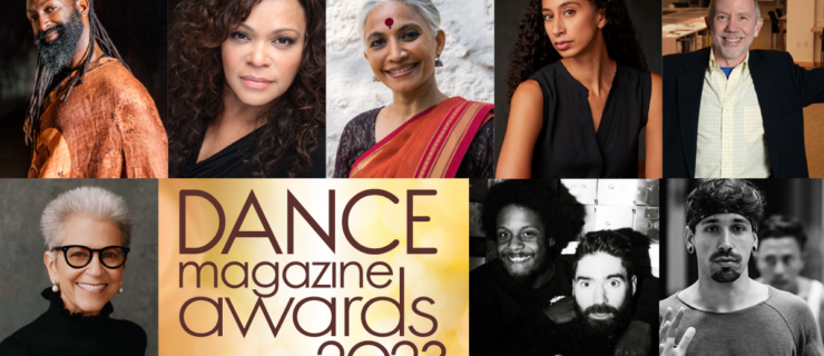 A collage of headshots of the nine Dance Magazine Award winners, with the awards logo printed in brown on a gold background at the bottom left.
