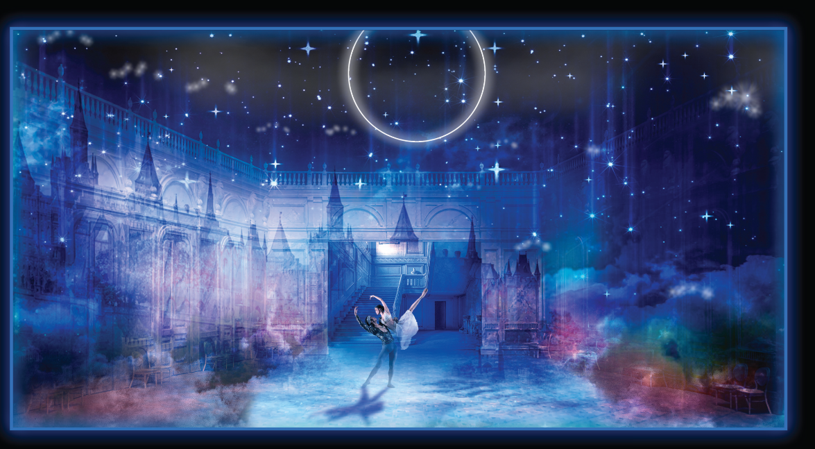 a magical scene with a castle, bright starts, and two dancers in the middle